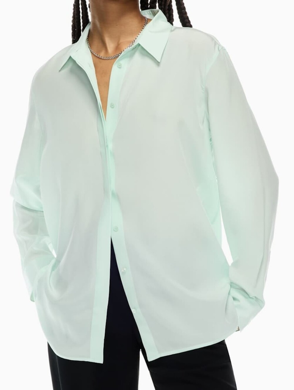 Babaton 100% Silk XS Mint Green Button-Down Long Sleeve Shirt NWOT - Picture 2 of 9